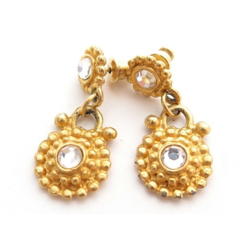 Sparkly Dot Pattern Clear Rhinestone Gold Plated Dangle Pierced Earrings